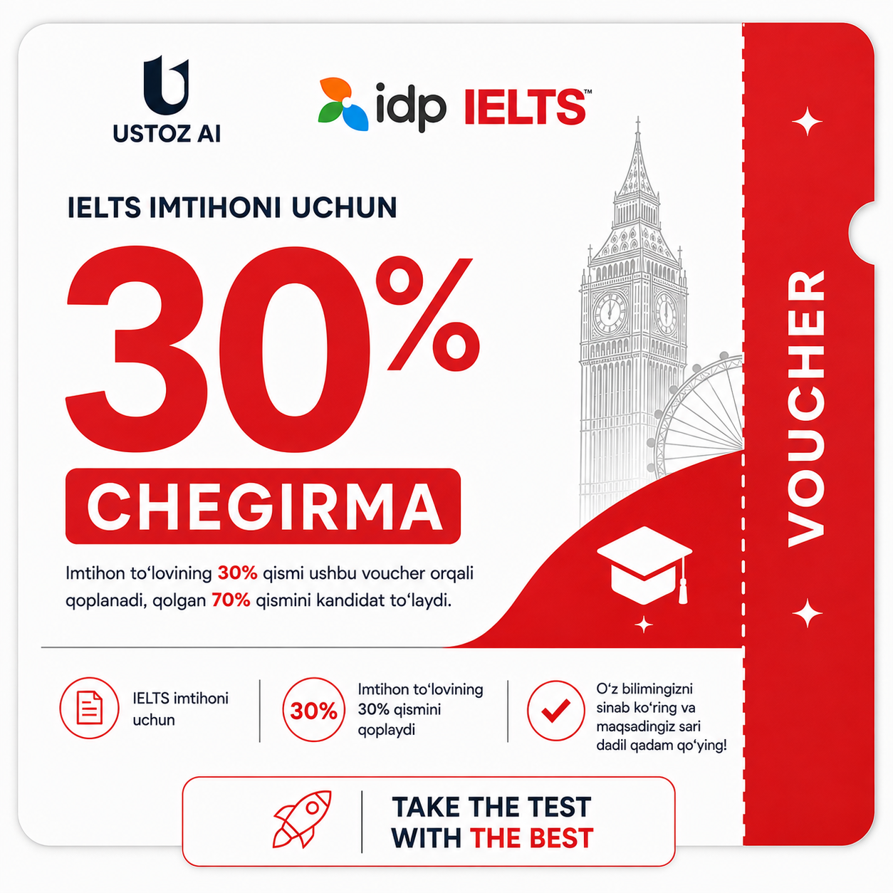 🎓 IDP IELTS — 30% chegirmali vaucher