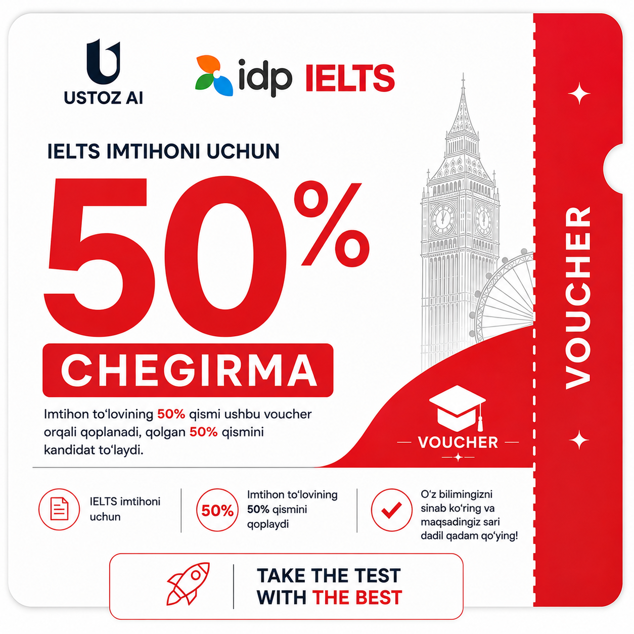 🎓 IDP IELTS — 50% chegirmali vaucher