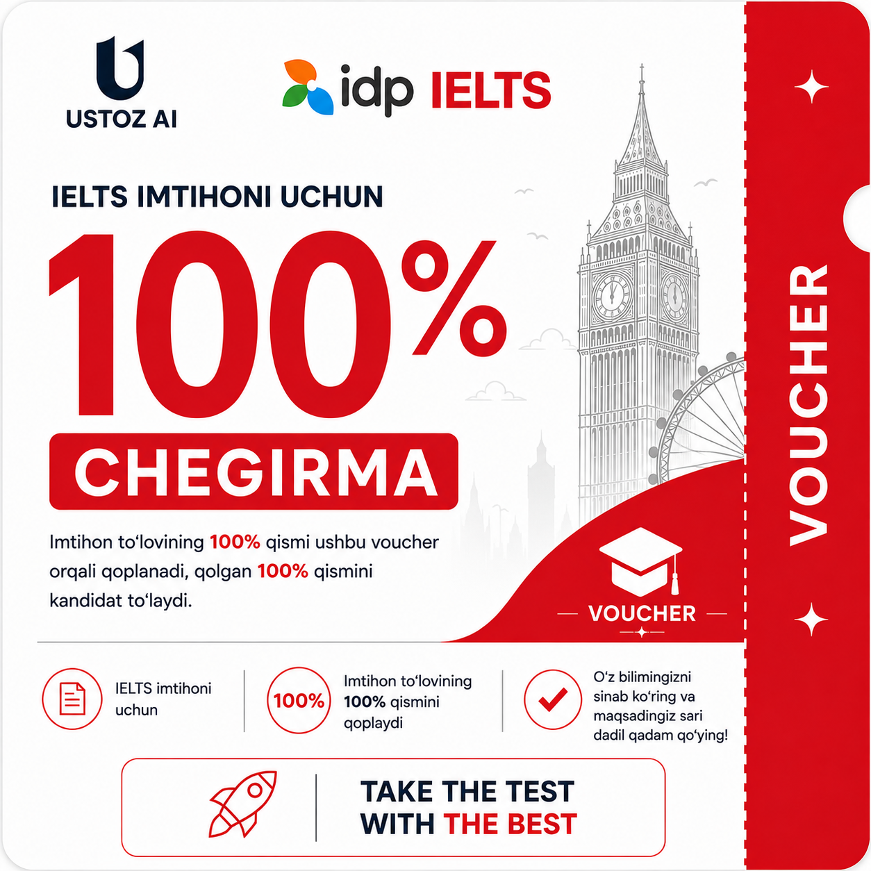 🎓 IDP IELTS — 100% chegirmali vaucher