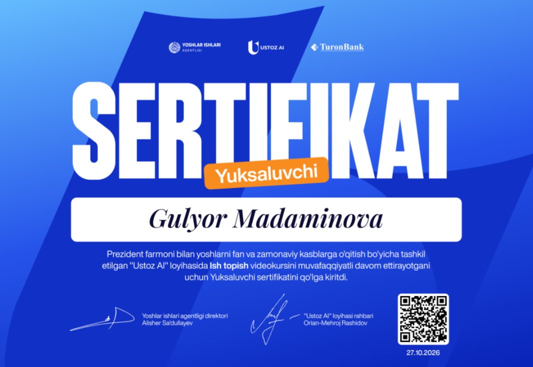 🎓 Yuksalish sari yana bir qadam! Men uchun yana bir quvonchli yutuq — “Ustoz AI” loyihasi…